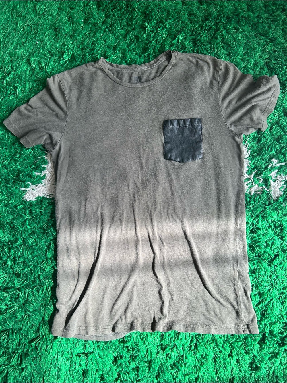Simons Olive Green Short-Sleeve Shirt with Black Leather Pocket